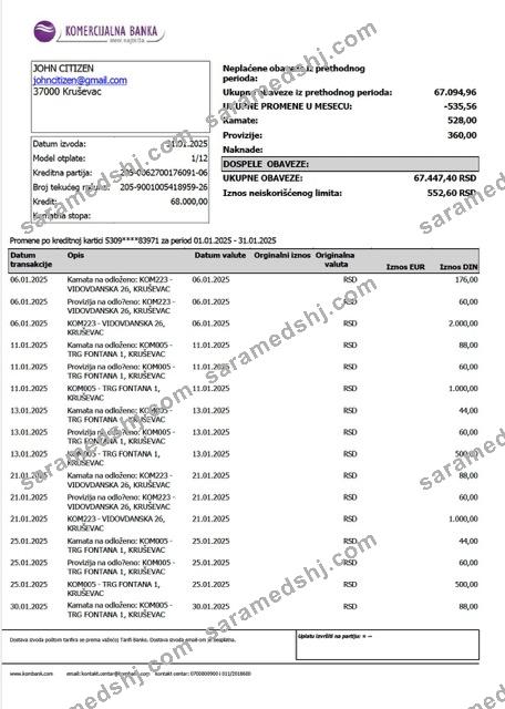 Serbia Komercijalna Banka account statement Word and PDF template